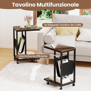 Tavolo per Computer, Tavolino Portatile a 3 Livelli con Tasca e Struttura in Metallo Resistente, Desk a Forma di C con Ruote per Camera da Letto, Balcone e Ufficio, 40 x 28 x 59 cm