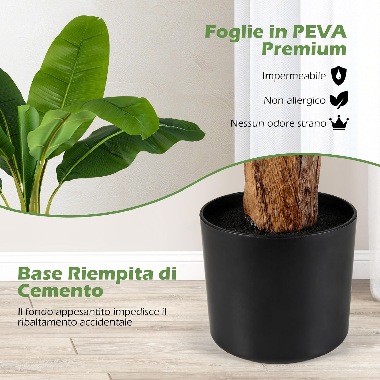 Set da 2 Alberi di Banane Artificiali, Pianta Finta con Foglie di Banana e Rami Regolabili con Vaso, Pianta in Vaso Decorativa da Interno per Soggiorno o Ufficio