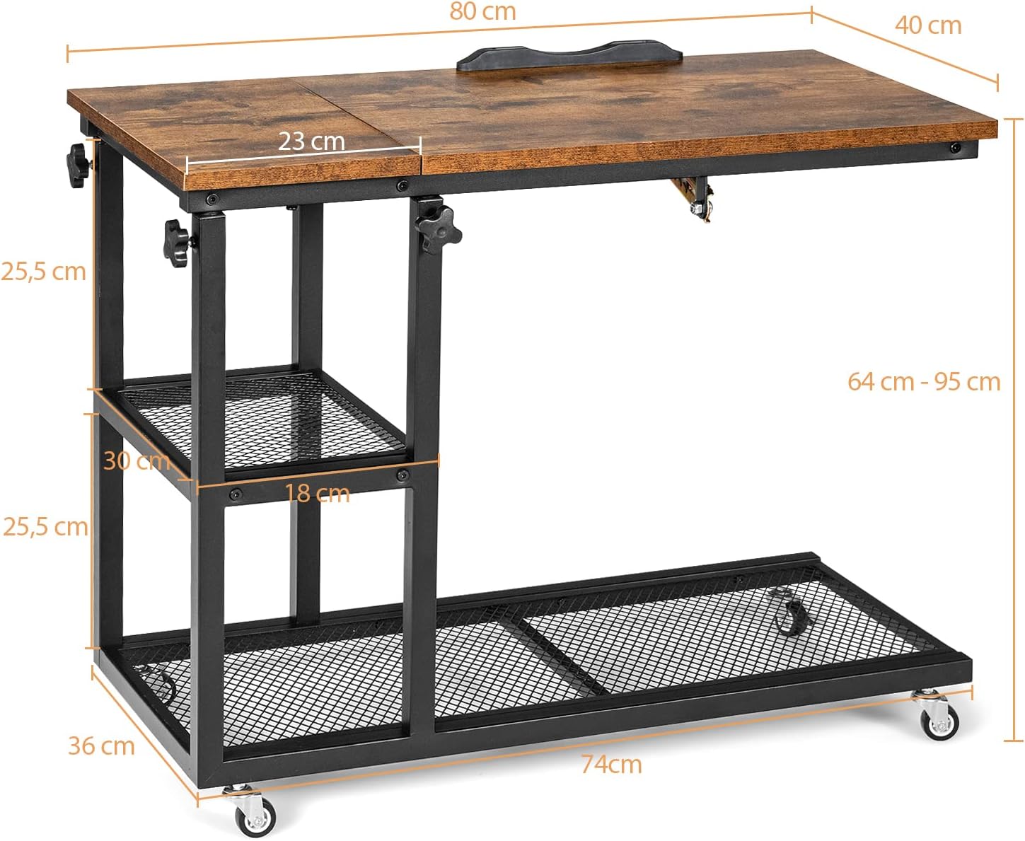 COSTWAY Tavolino Porta PC Regolabile in Altezza e Inclinazione, Tavolo Laterale per Letto e Divano con Ruote, Tavolino in Legno e Metallo per Salotto e Camera da letto, 80 x 40 x 64-95 cm (marrone)