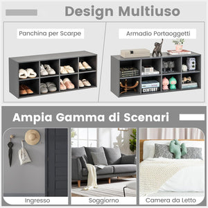 Panca Scarpiera per Ingresso, Panca Contenitore con 8 Scomparti Aperti, Scaffale Portascarpe Capacità di Carico di 230 kg, per Ingresso, Corridoio, Soggiorno, 102x30x41 cm (Grigio)