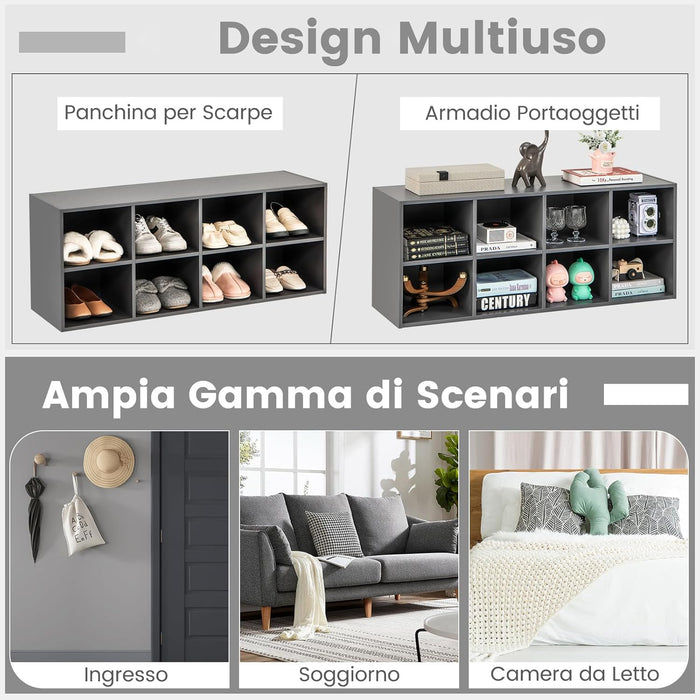 Panca Scarpiera per Ingresso, Panca Contenitore con 8 Scomparti Aperti, Scaffale Portascarpe Capacità di Carico di 230 kg, per Ingresso, Corridoio, Soggiorno, 102x30x41 cm (Grigio)