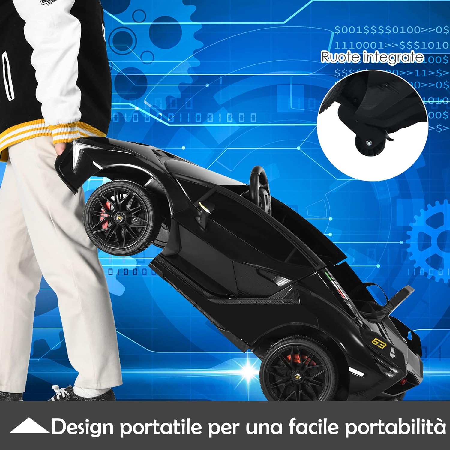 Macchina Elettrica Lamborghini per Bambini da 12V, Veicolo Elettrico Cavalcabile con Luci LED MP3 Telecomando, Fino a 5km/h, +3 Anni (Nero)