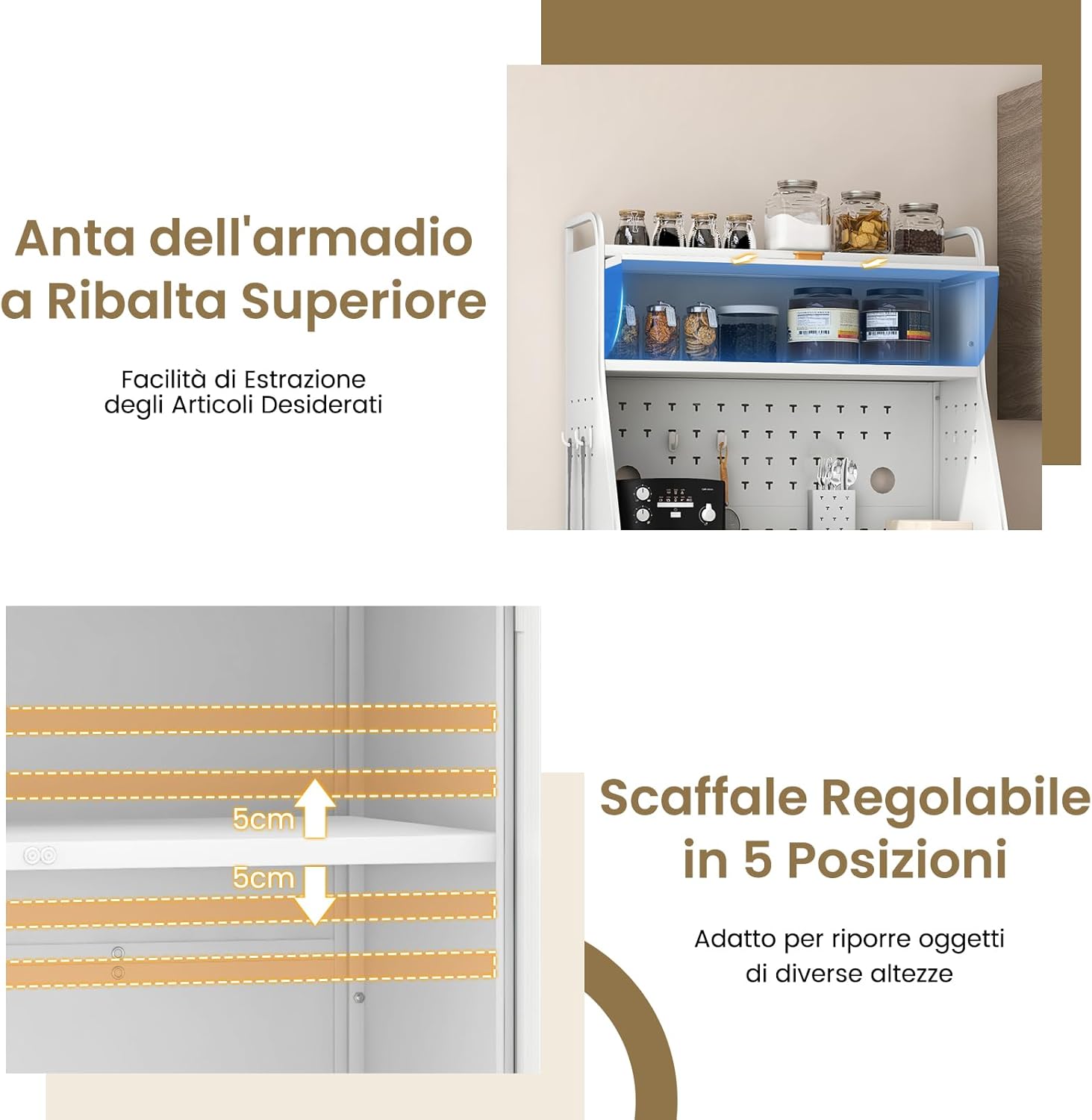 Mobile Dispensa per Cucina, Mobile da Forno Autonomo con Pannello Forato, Porte Trasparenti, Ripiano Regolabile, 8 Ganci e 1 Cestello appendibile, 76 x 36 x 161 cm