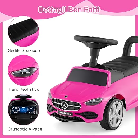 Mercedes Benz Macchinina Cavalcabile a Spinta per Bambini, Auto da Gioco con Volante Clacson e Suono, Spazio di Archiviazione, Auto a Spinta per bambini 1-3 Anni (Rosa)