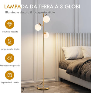 Lampada da Terra a 3 Globi, Lampada a Stelo Moderna con Comodo Interruttore a Pedale, 3 Basi per Lampadine e Robusto Palo in Metallo, Ideale per Salotto, Camera da Letto e Studio