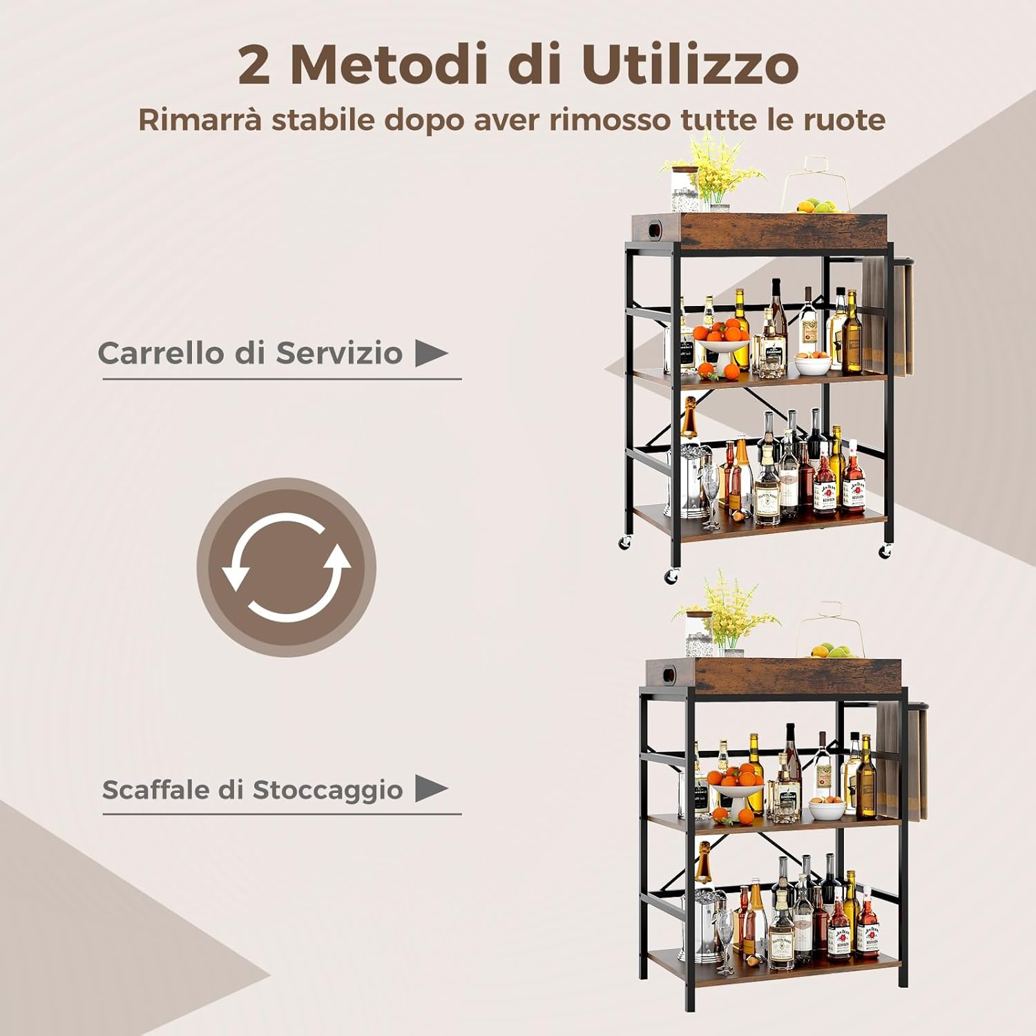 Carrello da Bar a 3 Ripiani, Carrello da Servizio Industriale con Vassoio Rimovibile, 4 Ruote Bloccabili e 1 Maniglia, Carrello da Cucina con Ruote, 73 x 40 x 94 cm