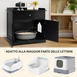 Mobile per Lettiera Gatti in Legno, con Portaoggetti, 2 Ante, Cassetto e Ingresso Laterale, Mobiletto Multiuso per Ingresso e Soggiorno, 76 x 53 x 74 cm, Carico Massimo 30 kg (nero)