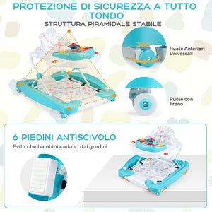 Girello per Bambini 6 in 1, Primi Passi per Neonati con Altezza Regolabile, Sedia a Dondolo per Bambini, Girello Pieghevole con Vassoio Musicale, Cuscino, per Bambini 6+ Mesi (Verde)