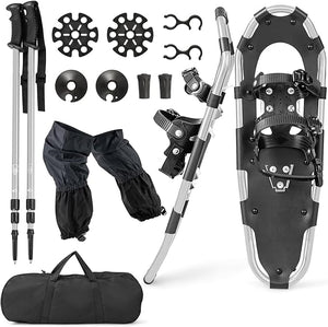 Set 4 in 1 Ciaspole da Neve 53/63/78 cm per Uomini, Donne e Ragazzi con Sistema di Fissaggio, Telaio in Alluminio, Bastoncini da Trekking, Ghette Gambe Impermeabile e Borsa