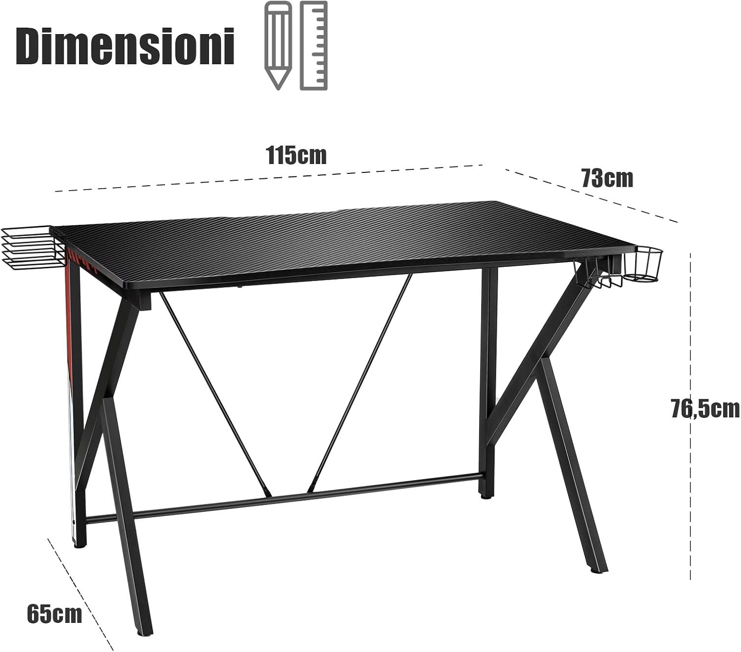 Scrivania Gaming Ergonomica, Tavolo da Gioco per Computer, con Porta Bicchiere e Gancio per Cuffie, Nero 115x73x76,5 cm