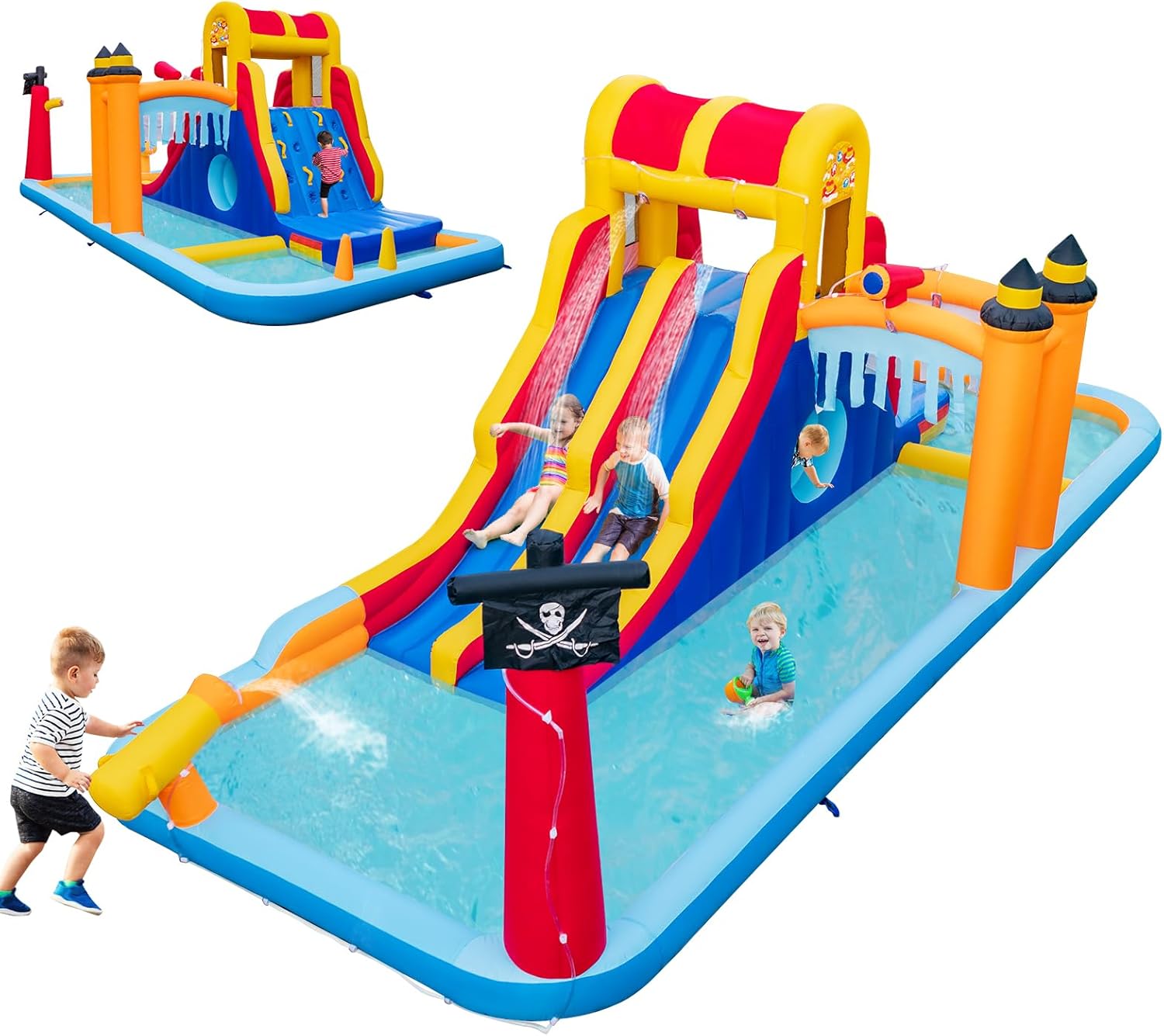 Castello Gonfiabile, Casa Gonfiabile con 2 Scivoli, Piscina, Parete da Arrampicata, Tunnel e Cannone d'Acqua, per Bambini di 3-10 Anni, 693 x 295 x 263 cm