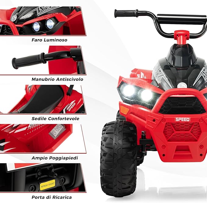 12V Quad Elettrico per Bambini, Macchina Elettrica con Velocità Alta/Bassa, Sedile Comodo Fari Corno e Musica, Auto Elettrica Cavalcabile 2,2/4,3 km/h (Rosso)
