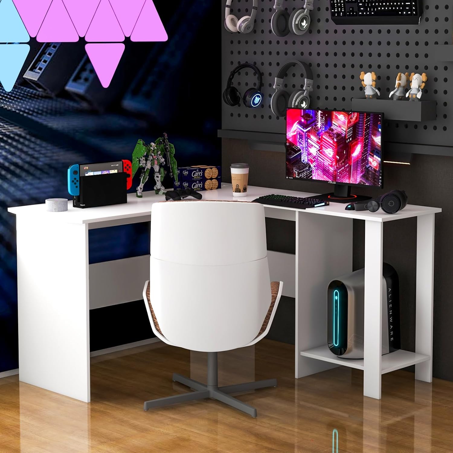 Scrivania Angolare per Computer con Ripiani, Scrivania Porta PC in Legno, Scrivania Salvaspazio e Moderna per Ufficio e Studio, 130 x 130 x 72,5 cm (Bianco)