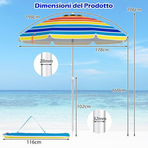 Ombrellone da Spiaggia 198 cm, Ombrello Parasole da Esterno con Palo Inclinabile in Alluminio, Ombrellone Portatile con Borsa di Trasporto, Anti UV 50+, 8 Stecche (Colorato)