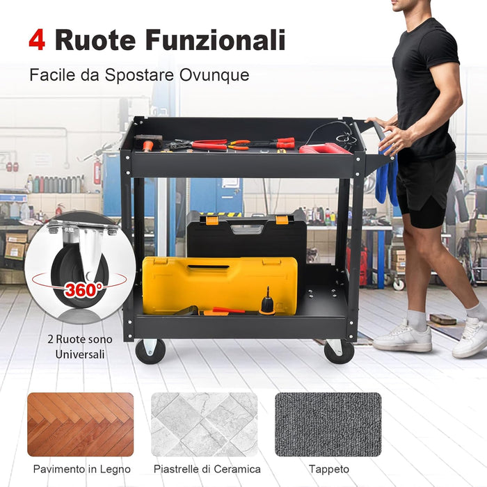 Carrello Multiuso a 2 Livelli, Carrello Multiuso con Maniglia e Melaio in Metallo, Capacità di carico di 50 kg (Nero)