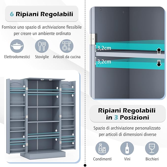 Credenza da Cucina, Mobile da Cucina Moderno con 6 Ripiani Regolabili, per Cucina, Sala da Pranzo e Soggiorno, 60 x 40 x 120 cm (Grigio)