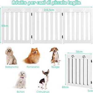Cancello di Legno per Animali Domestici, Cancello Pieghevole per Cani con Cerniere Fessibili a 360° e 3 Pannelli, Cancello 60 cm da Interno per Casa Scale e Porta d’Ingresso, Bianco