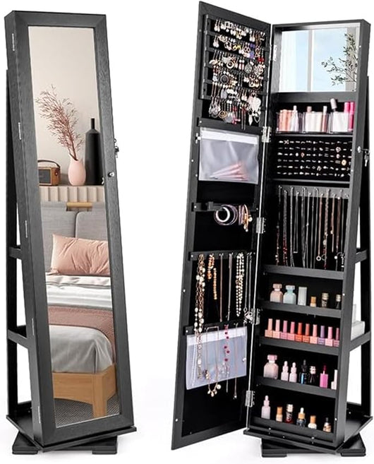 Armadietto Portagioielli Autoportante Girevole con Specchio, Specchio a Figura Intera Organizzatore per Gioielli, Porta Richiudibile a Chiavi, 161x39x39cm (Nero, 39 x 39 x 161 cm)