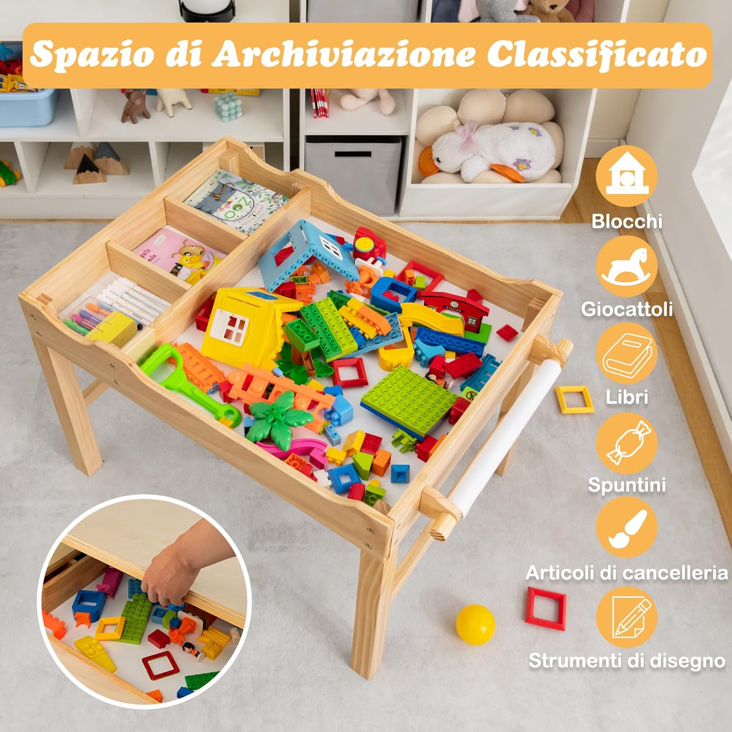 Tavolo da Gioco per Bambini in Legno con Piano Reversibile, Tavolo Multiattività Bambini 2 in 1, Porta Rotolo di Carta da Disegno, per Camera da Letto, Soggiorno (Naturale)