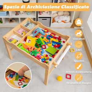 Tavolo da Gioco per Bambini in Legno con Piano Reversibile, Tavolo Multiattività Bambini 2 in 1, Porta Rotolo di Carta da Disegno, per Camera da Letto, Soggiorno (Naturale)