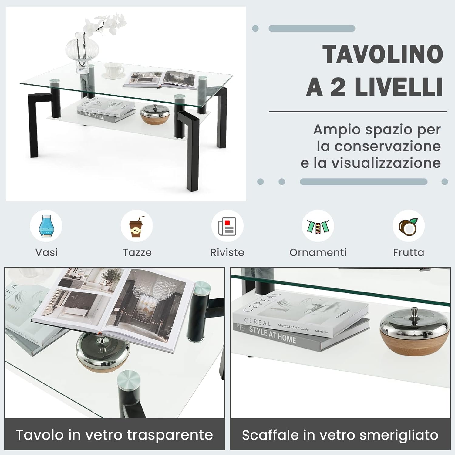Tavolino da Salotto in Vetro Temperato Moderno, Tavolo Basso Rettangolare a 2 Livelli con Struttura in Metallo, Tavolino da Caffè per Soggiorno e Ufficio, 100 x 60 x 43 cm