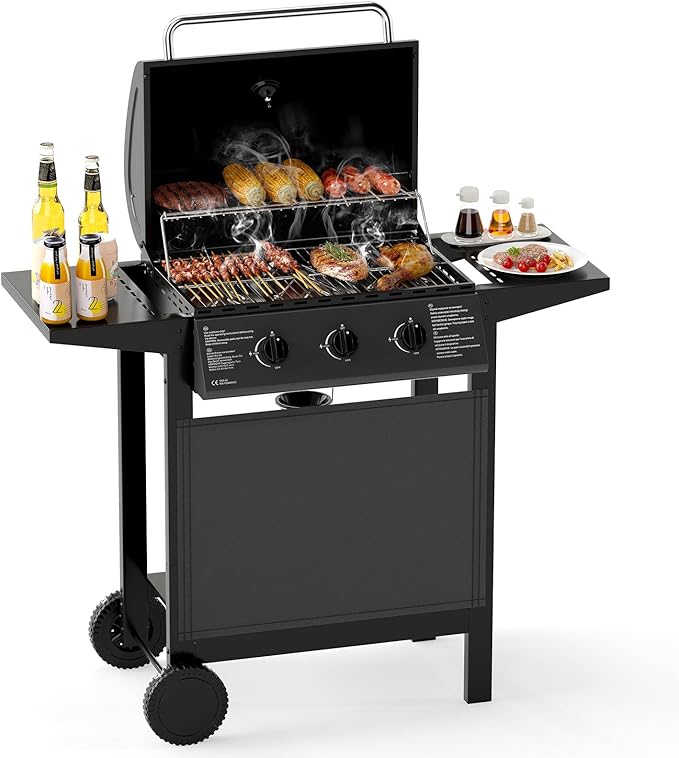 Griglia a Gas con 3 Bruciatori, Griglia da Esterno con Coperchio in Acciaio Inox e Tavolini Laterali, Attrezzatura per Barbecue da Patio su Ruote per Campeggio, Giardino