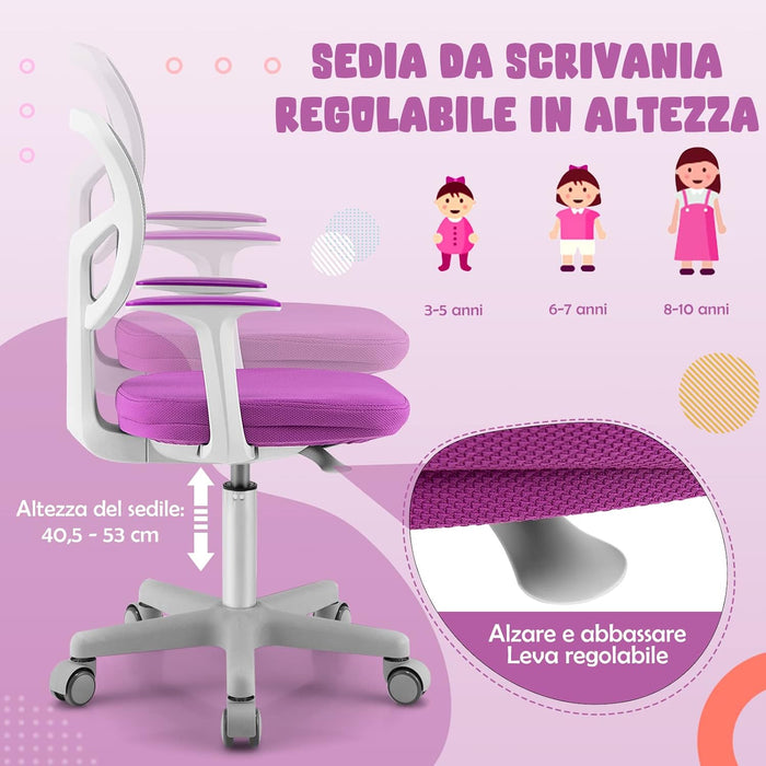 Sedia per Scrivania per Bambini, Sedia per Computer per Bambini con Altezza Regolabile, Ruote con Freni, Sedile Girevole a Rete, Sedia Ergonomica per Bambini 3-10 Anni (viola)