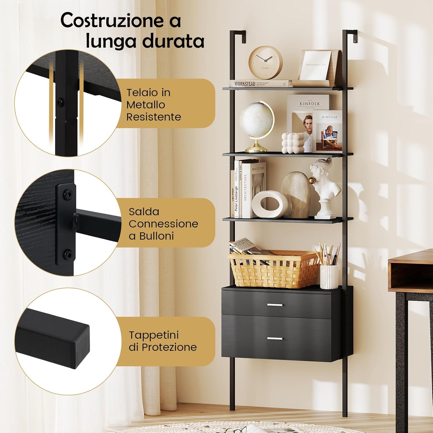 Libreria a Scala 184 cm, Scaffale da Parete a 6 Ripiani con 2 Cassetti e Struttura in Metallo, Ripiano Espositivo Aperto Moderno per Soggiorno Studio Ufficio, 60 x 30 x 184 cm (Nero)