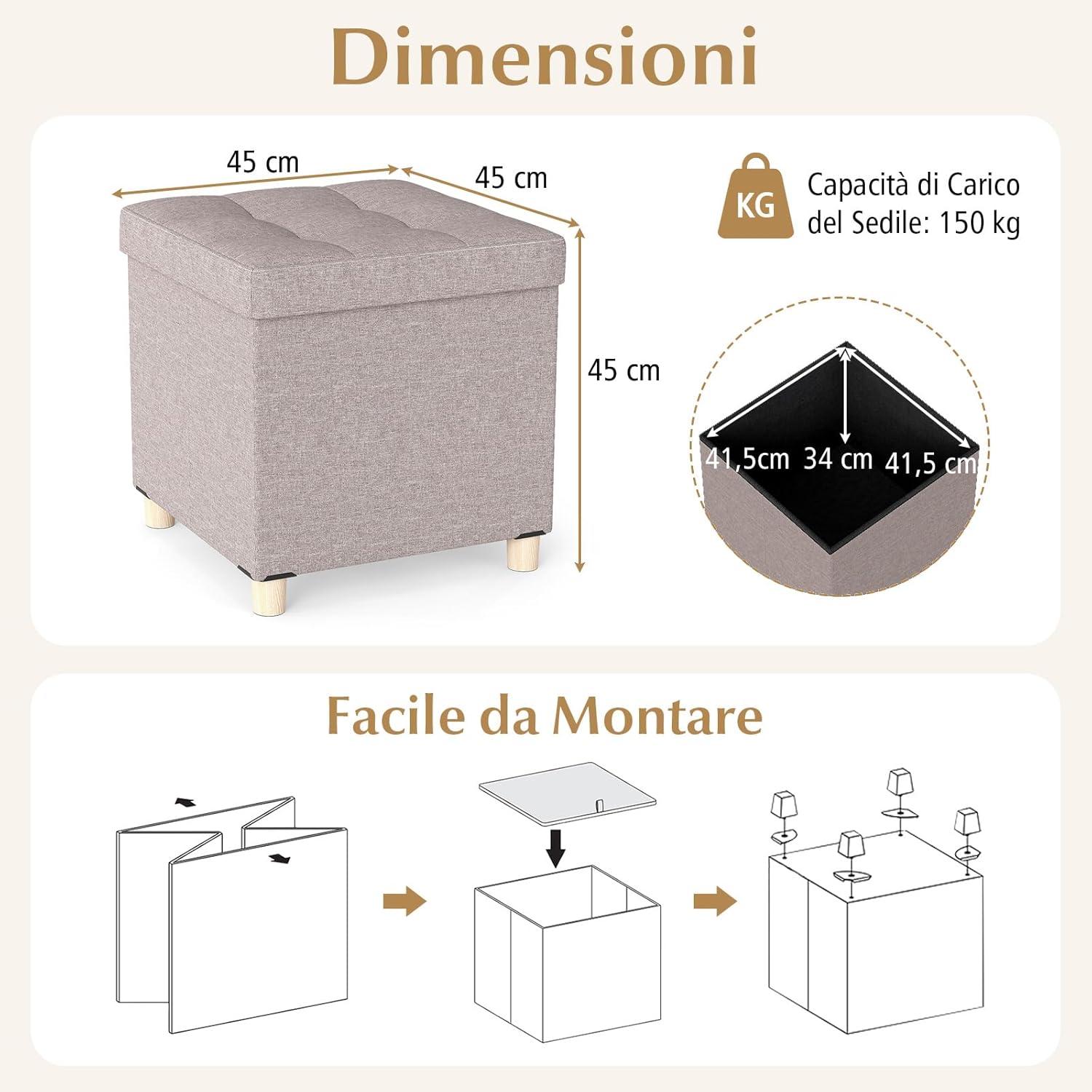 Pouf Contenitore da 45 cm, Sgabello con Vassoio e Gambe in Legno di Gomma, Poggiapiedi Imbottito, Sgabello per Scarpe Quadrato per Soggiorno, Portata 150 kg (Beige)