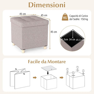 Pouf Contenitore da 45 cm, Sgabello con Vassoio e Gambe in Legno di Gomma, Poggiapiedi Imbottito, Sgabello per Scarpe Quadrato per Soggiorno, Portata 150 kg (Beige)