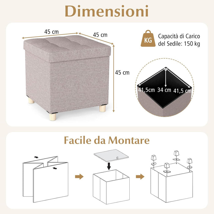Pouf Contenitore da 45 cm, Sgabello con Vassoio e Gambe in Legno di Gomma, Poggiapiedi Imbottito, Sgabello per Scarpe Quadrato per Soggiorno, Portata 150 kg (Beige)
