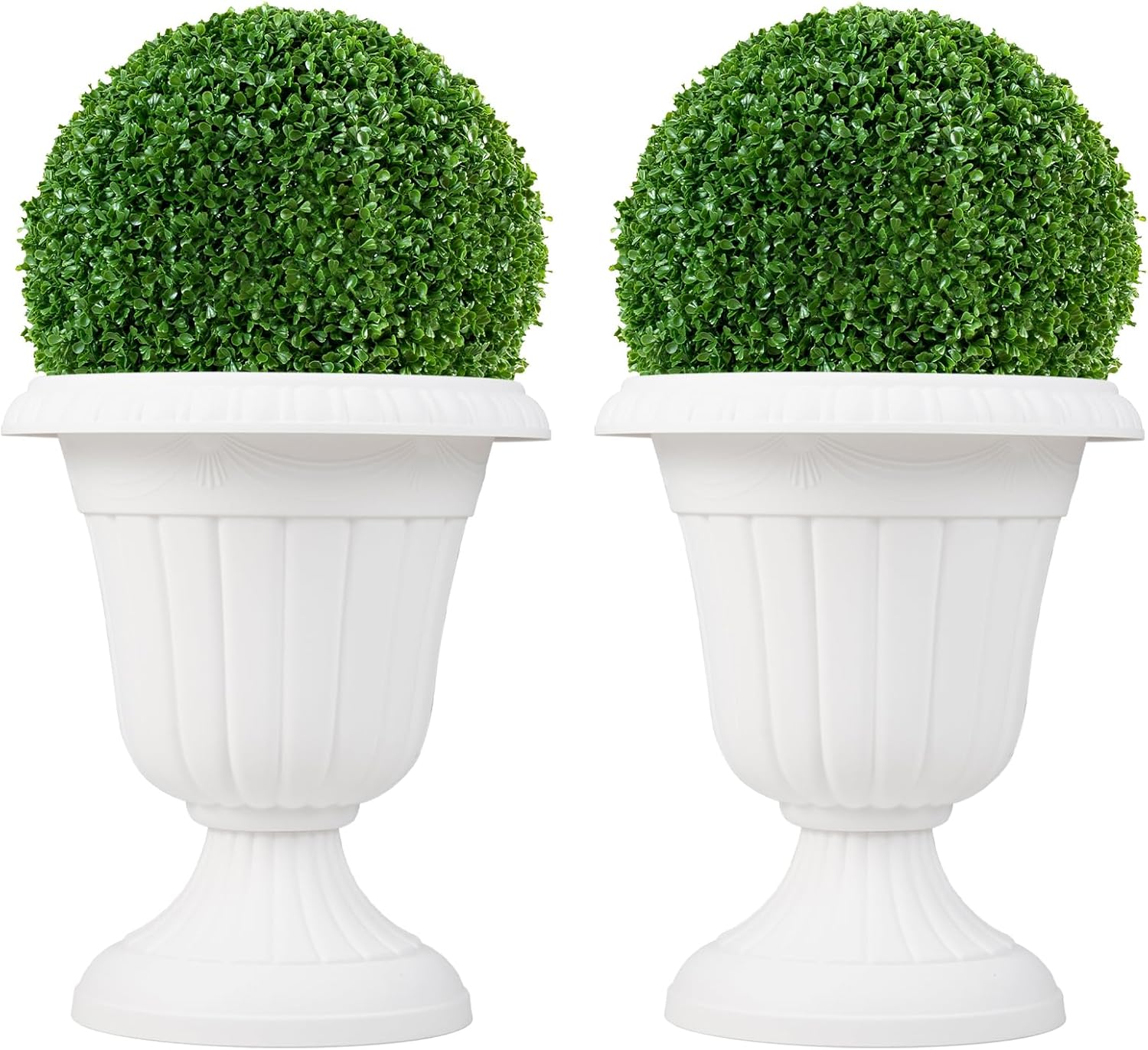 Set di 2 Vasi Alti, Vasi per Fiori in Plastica a Forma di Urna con Base a Piedistallo e Foro di Drenaggio, Contenitori Decorativi per Piante per Interni ed Esterni (Bianco)