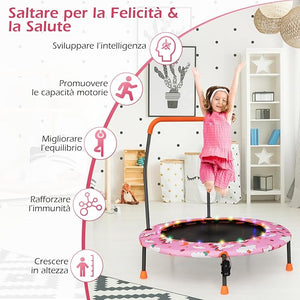 Trampolino per Bambini da Interno ed Esterno, Tappeto Elasctico Bambini 3-6 Anni in Acciaio con Maniglia Rimovibile, Luci LED, Cuscinetti Antiscivolo e Copertura Protettiva