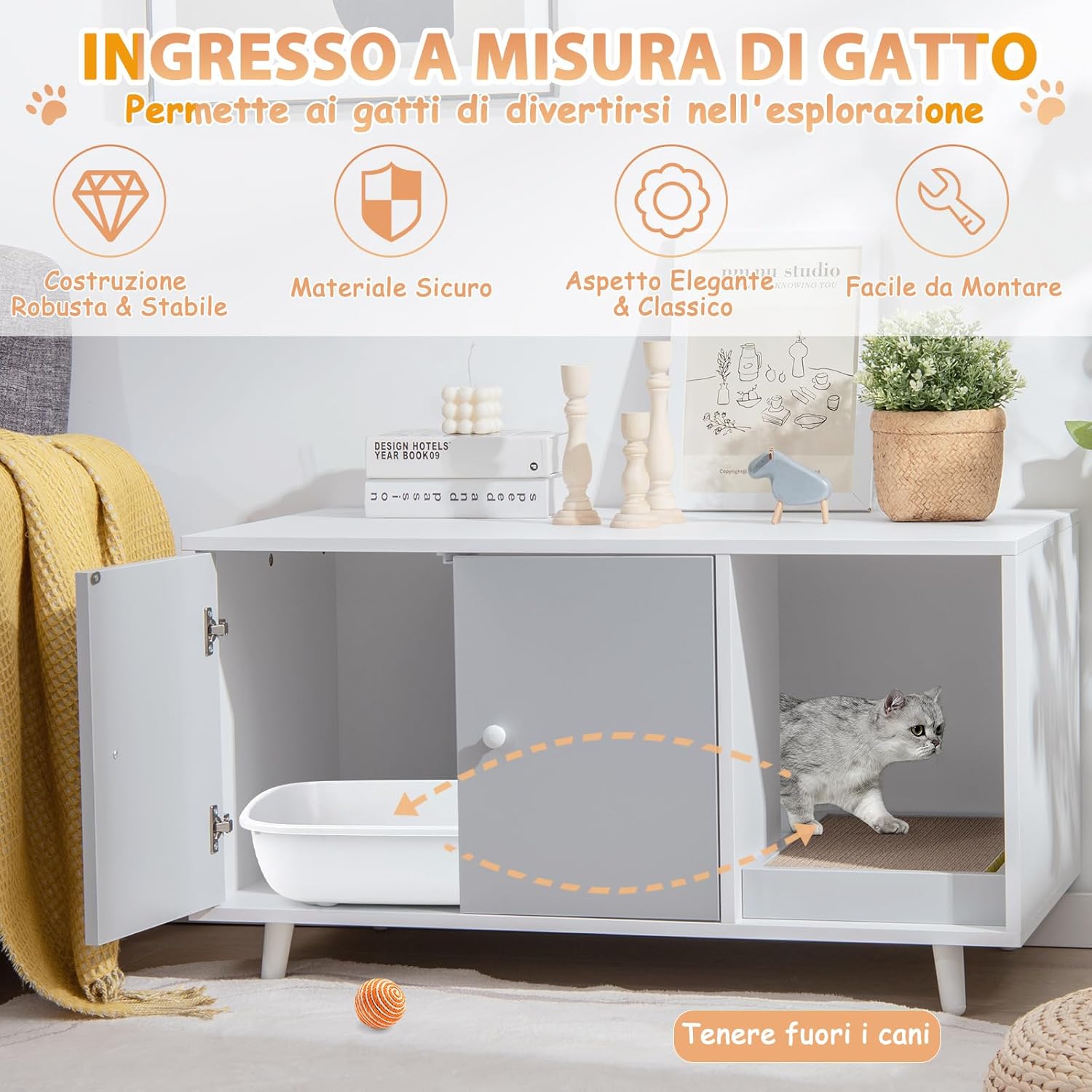 Mobile per Lettiera per Gatti 90 x 50 x 50 cm, Cassetta Igienica per Gatti con Doppia Anta, Divisore, Ingresso Avvolgibile, Tiragraffi e Gambe di Metallo Solido (Grigio)