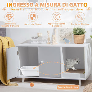Mobile per Lettiera per Gatti 90 x 50 x 50 cm, Cassetta Igienica per Gatti con Doppia Anta, Divisore, Ingresso Avvolgibile, Tiragraffi e Gambe di Metallo Solido (Grigio)