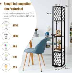 Lampada da Terra Design e Vintage, Lampada a Stelo da Terra con 2 Ripiani, Ideale per Camera da Letto, Soggiorno e Ufficio, 26 x 26 x 156 cm, Nero