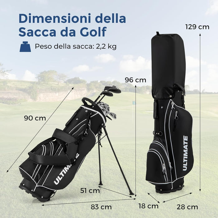 Set Completo di Mazze da Golf per Mancini da Uomo, Borsa Portatile con Supporto e Cappuccio Antipioggia, Include Driver 1 da 460CC, Fairway 3, Ibrido 4, Ferri 6, 7, 8, 9, P e Putter (Nero)