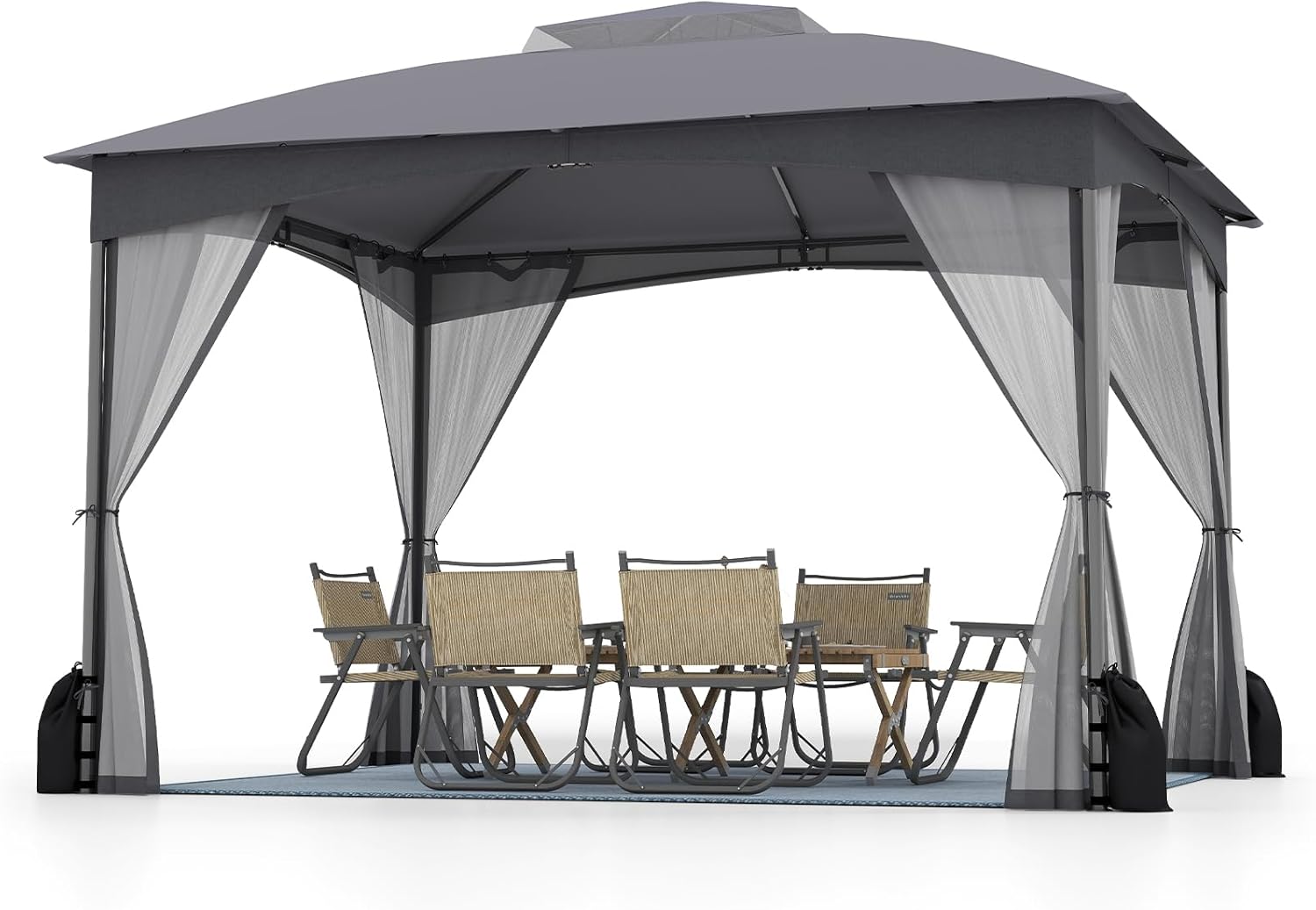 Gazebo da Giardino 3 x 3,6 m, Gazebo con Zanzariera a Doppia Copertura con Sacchetti di Sabbia e Picchetti a Terra, Tenda Impermeabile con Struttura in Metallo per Prato (Grigio)
