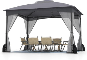 Gazebo da Giardino 3 x 3,6 m, Gazebo con Zanzariera a Doppia Copertura con Sacchetti di Sabbia e Picchetti a Terra, Tenda Impermeabile con Struttura in Metallo per Prato (Grigio)