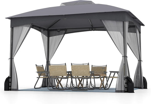 Gazebo da Giardino 3 x 3,6 m, Gazebo con Zanzariera a Doppia Copertura con Sacchetti di Sabbia e Picchetti a Terra, Tenda Impermeabile con Struttura in Metallo per Prato (Grigio)