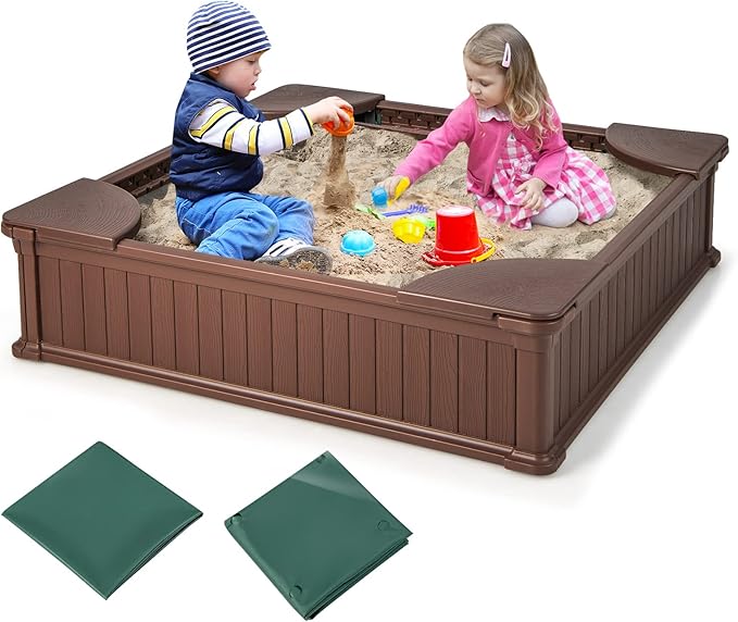 Sabbiera per Bambini, Sabbiera da Cortile con 4 Sedute Angolari e Copertura in Oxford, per Cortile Spiaggia Prato, 123,5 x 123,5 x 31,5 cm (Marrone)