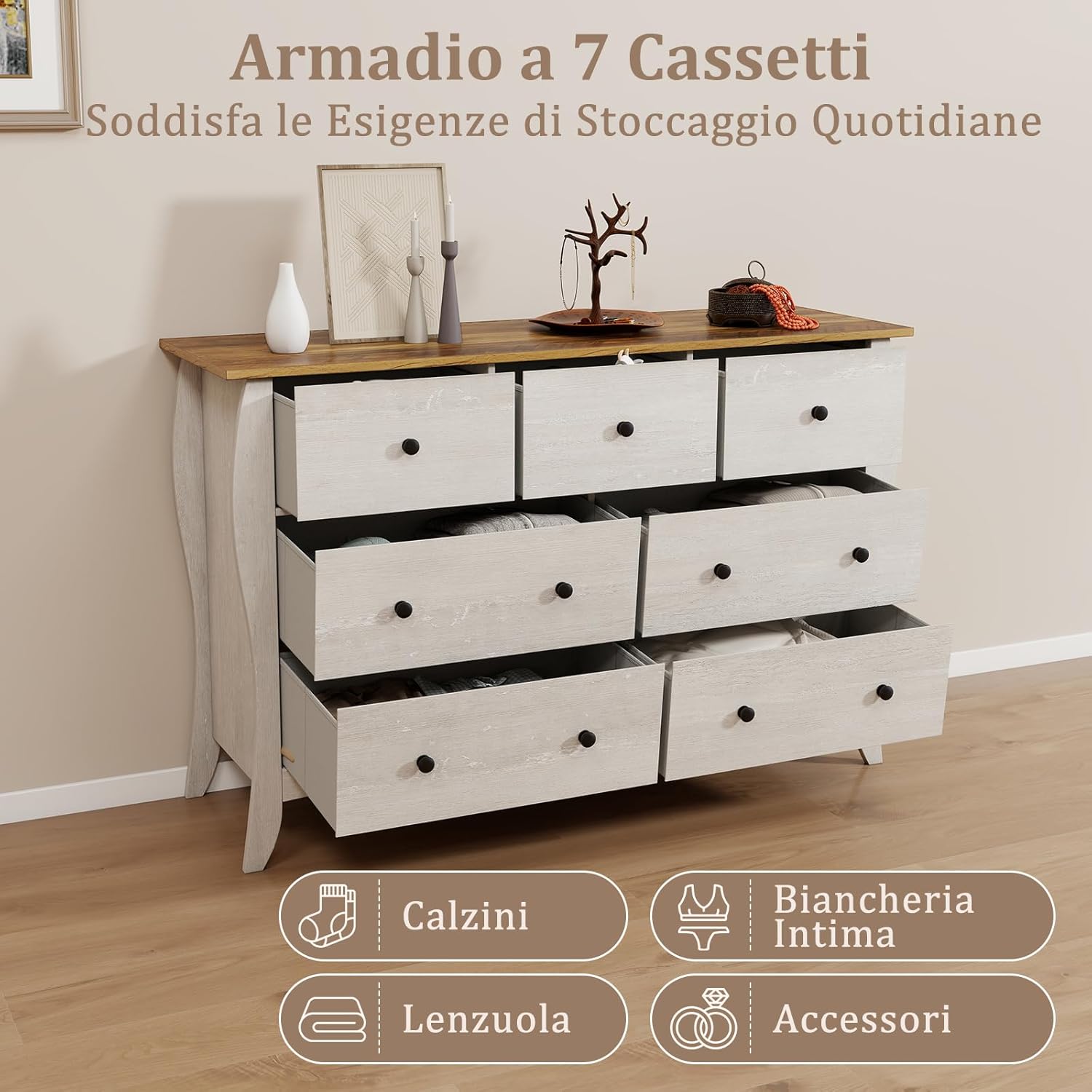Cassettiera a 7 Cassetti in Tessuto, Cassettiera per Camera da Letto in Legno Rustico, Cassettiera Cameretta Salvaspazio per Soggiorno, Corridoio, Cucina, 120 x 38,5 x 77,5 cm (Grigio)