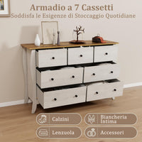 Cassettiera a 7 Cassetti in Tessuto, Cassettiera per Camera da Letto in Legno Rustico, Cassettiera Cameretta Salvaspazio per Soggiorno, Corridoio, Cucina, 120 x 38,5 x 77,5 cm (Grigio)