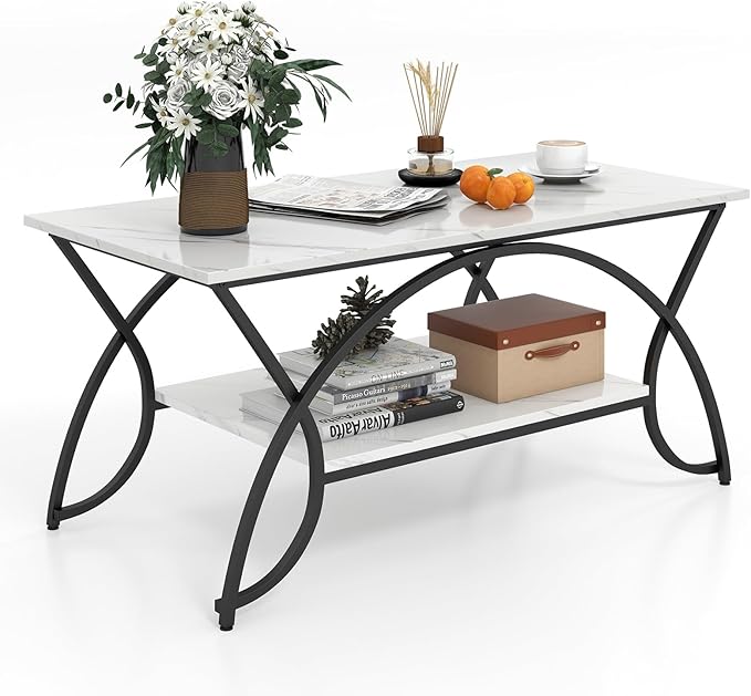 Tavolino da Caffè da Salotto, Tavolino Rettangolare a 2 Livelli con Struttura in Metallo, Tavolino Elegante e Moderno per Studio, Ufficio e Soggiorno, 100 x 50 x 45 cm (bianco e nero)
