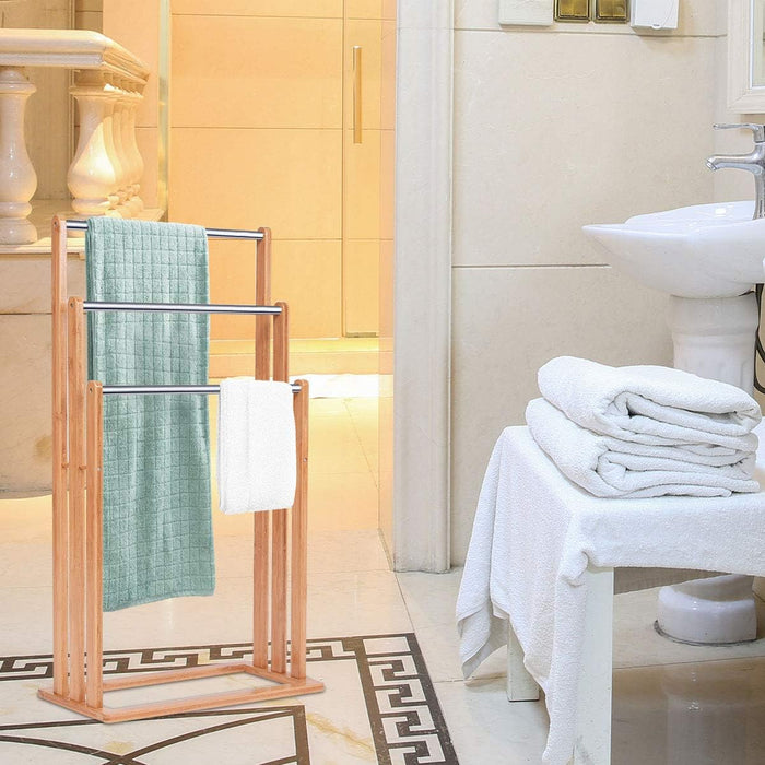 Portasciugamani in Bambù da Terra 46x24x84cm, Mobile Bagno con 3 Aste per Asciugamano in Acciaio Inox, Colore Naturale