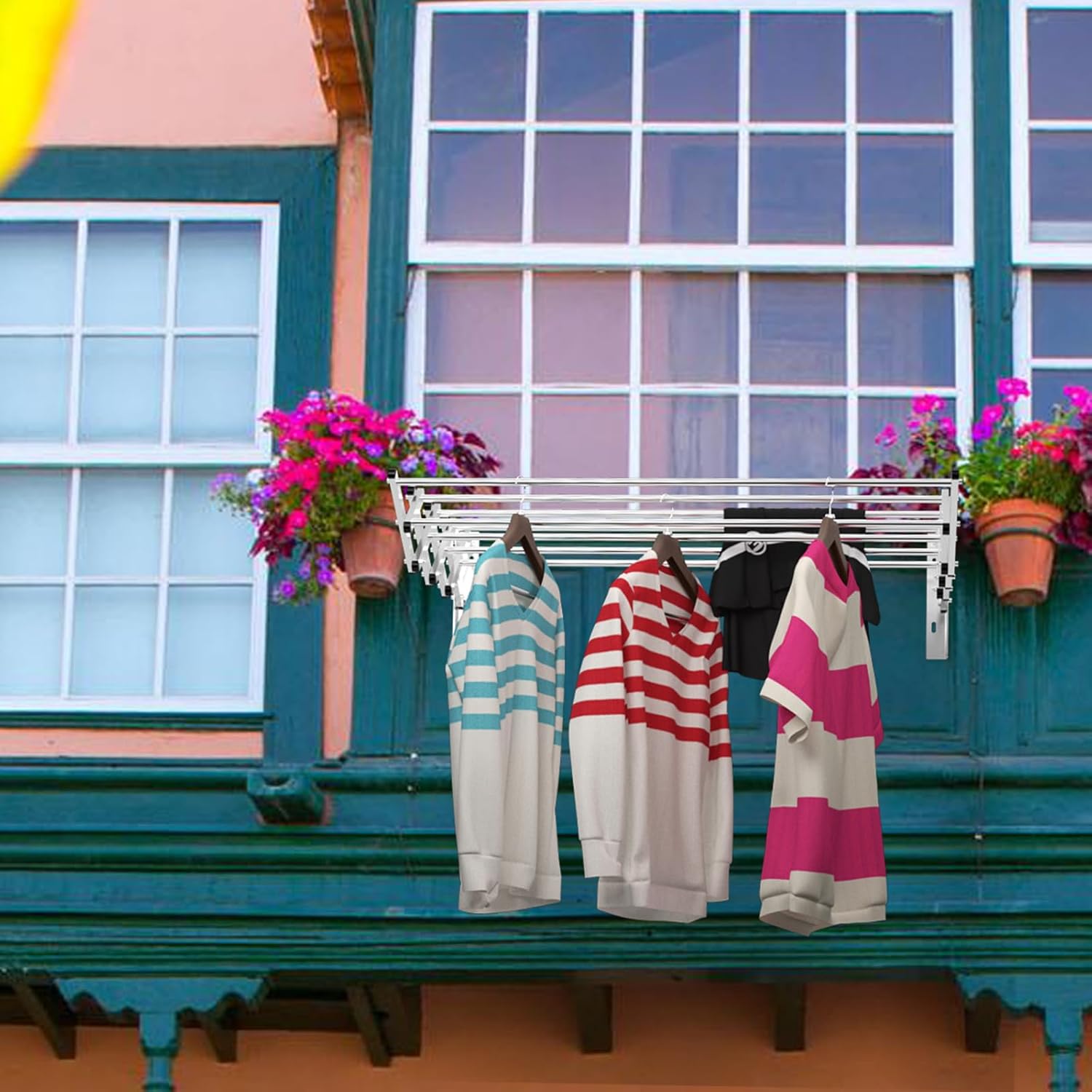 Stendibiancheria da Parete, Stendibiancheria Estensibile in Acciaio Inox con 8 Barre, Stendibiancheria Salvaspazio per Lavanderia Bagno e Balcone, 86x64x22 cm