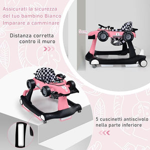 Girello per Bambini 4 in 1, Girello Pieghevole con Altezza e Velocità Regolabili, Carillon con Luci, Volante, Primi Passi per Bambini 6-18 Mesi, Portata 15 kg (Rosa)