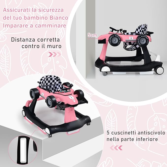 Girello per Bambini 4 in 1, Girello Pieghevole con Altezza e Velocità Regolabili, Carillon con Luci, Volante, Primi Passi per Bambini 6-18 Mesi, Portata 15 kg (Rosa)