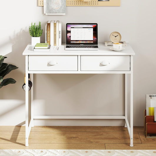 Scrivania per Computer, Scrivania Salvaspazio con 2 Cassetti in Tessuto, 4 Ganci Pendenti e Struttura in Metallo, Scrivania in Spazi Piccoli per Casa e Ufficio