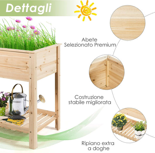 Fioriera di Legno da Giardino, Vaso Rialzato con Ripiano, Porta Piante per Giardino, Ideale per Piante Verdure e Fiori (92 x 41 x 81 cm)